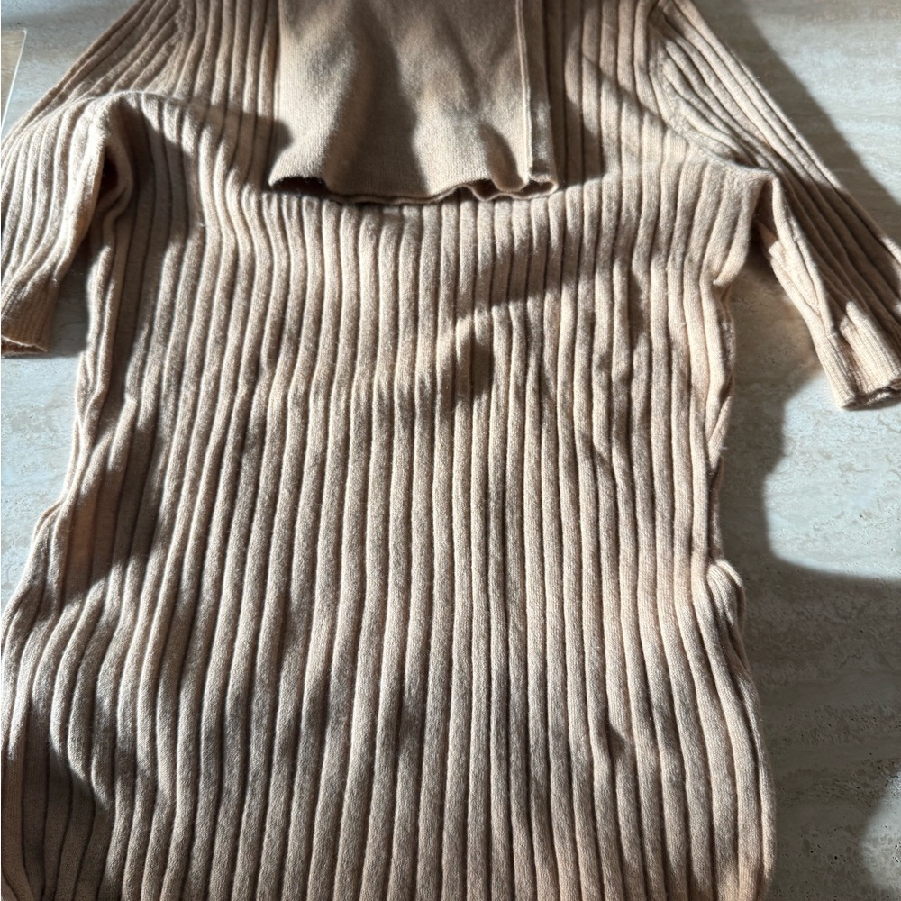 From Cashmere in Love designer Elegant Ribbed Cowl Neck Sweater in Tan